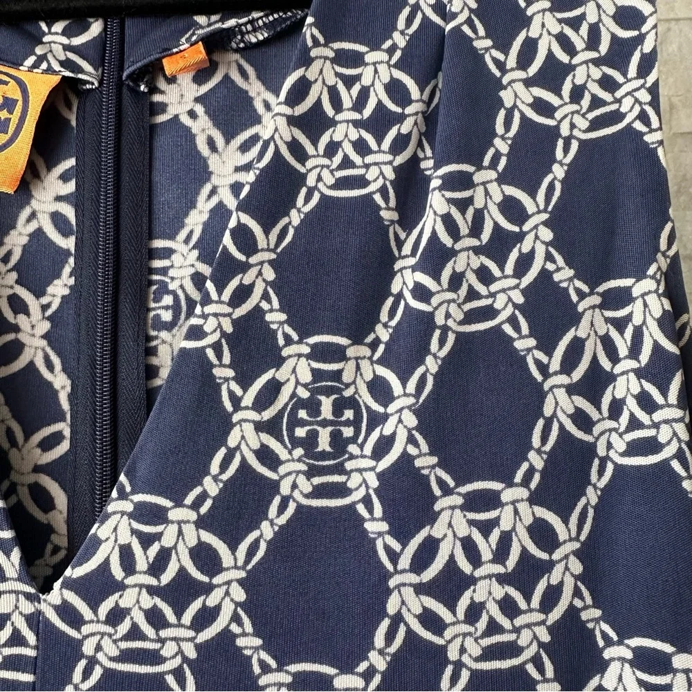 TORY BURCH Navy Blue “Nicola” Chain Print Jersey 100% Silk Knit Dress Size S